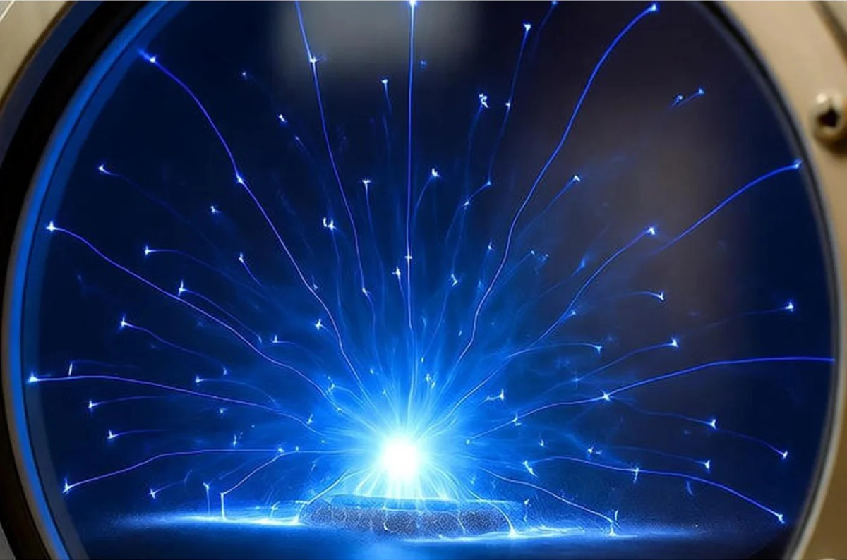 AI-generated illustration of a bright blue plasma burst inside a chamber.