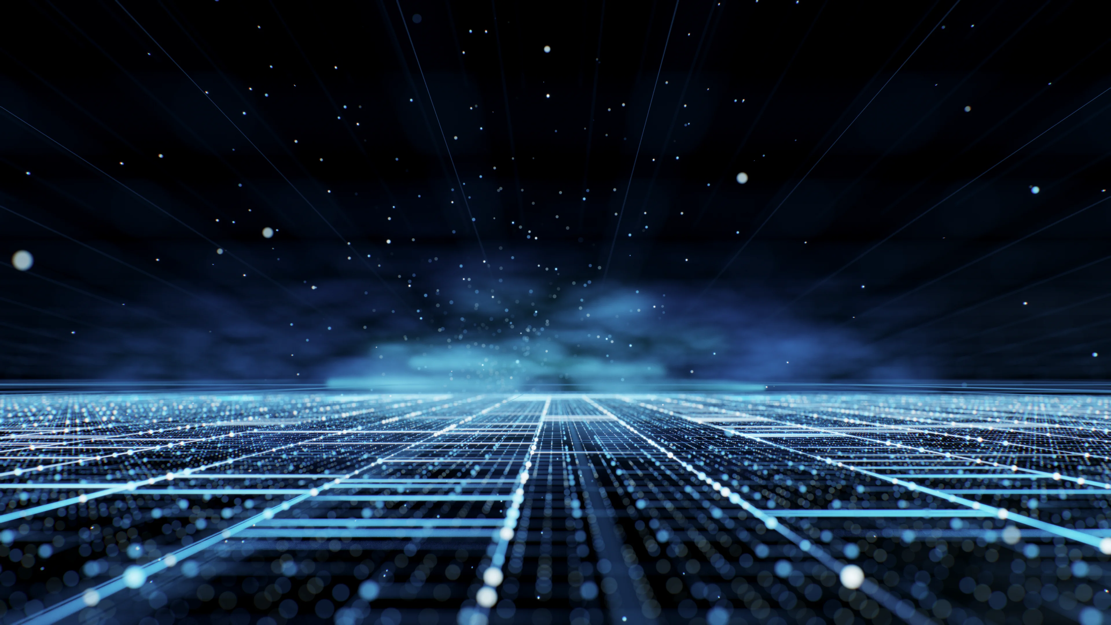 Abstract blue digital landscape with glowing grid lines extending into the distance and particles floating against a dark, futuristic sky
