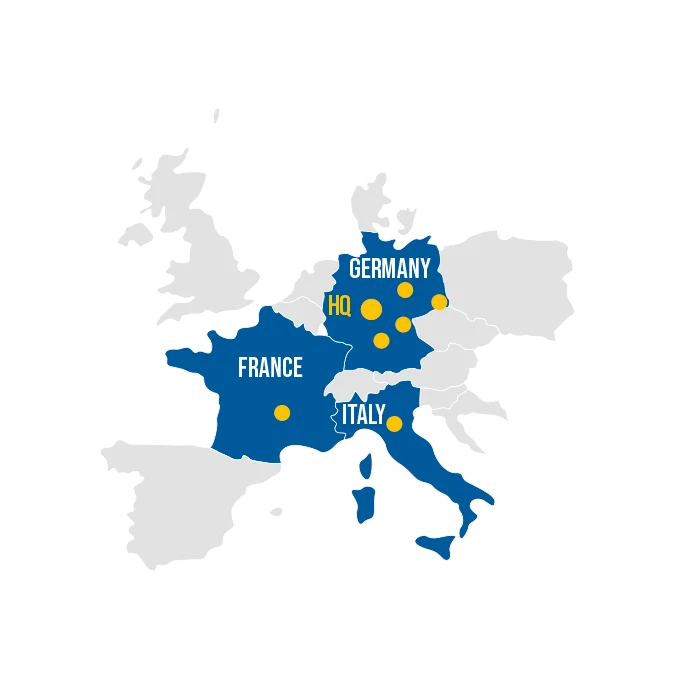 Map of Europa highlighting Germany, France and Italy in blue, indicating PVA TePla locations in the region
