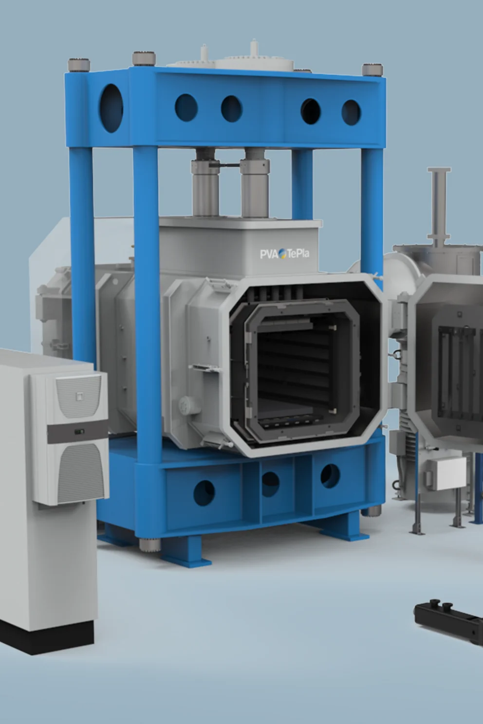 Core.Bond hot-press with open frame structure and rectangular process chamber for diffusion bonding applications.