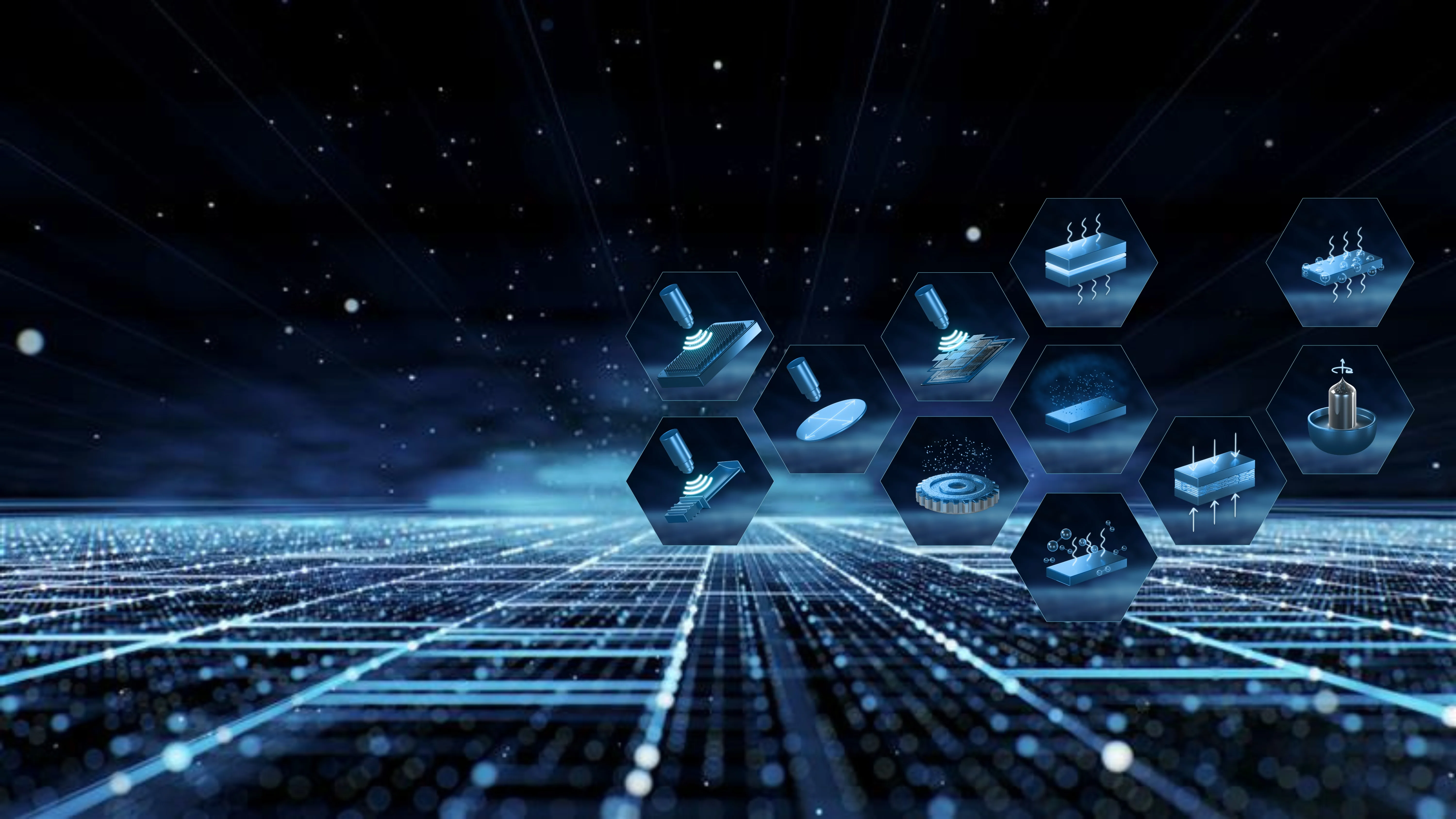 Abstract blue-toned digital landscape with glowing data connections and floating hexagonal cells, each displaying a key visual representing PVA TePla’s technologies