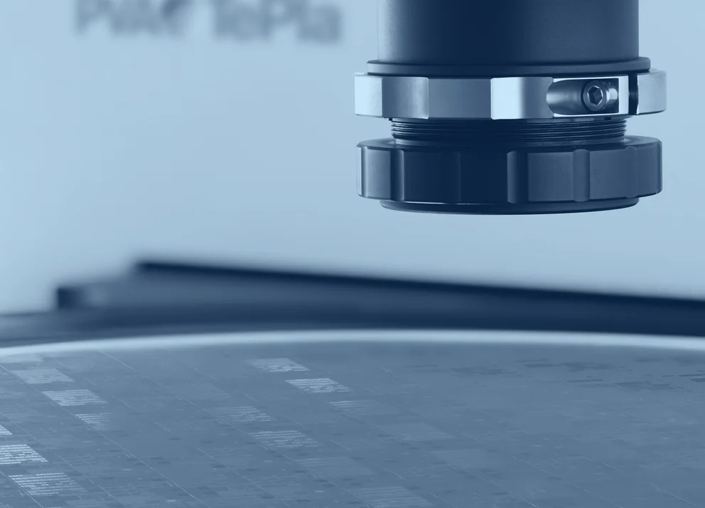 Close-up of a metrology sensor positioned above a wafer structure