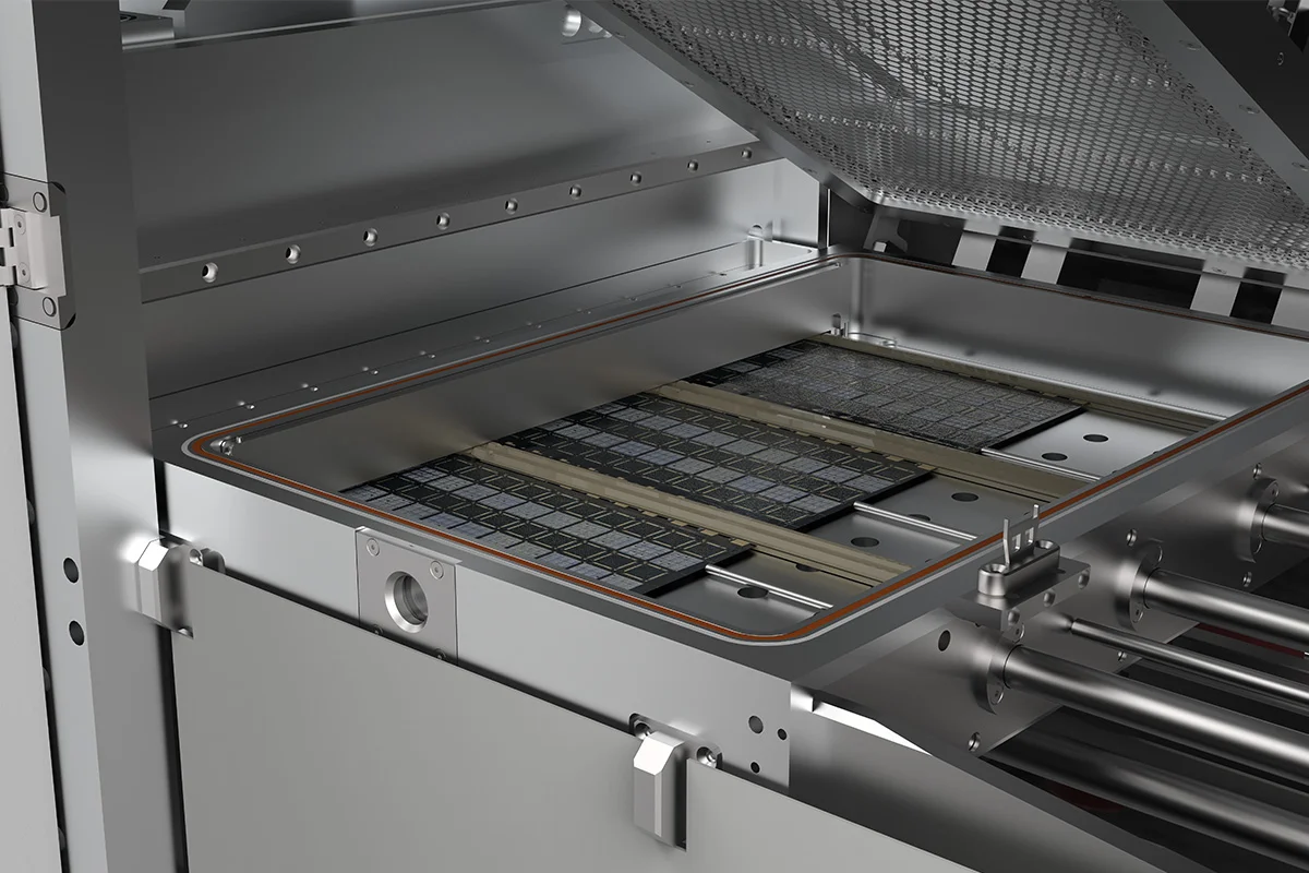 Backend plasma system interior showing metal components arranged on a rack